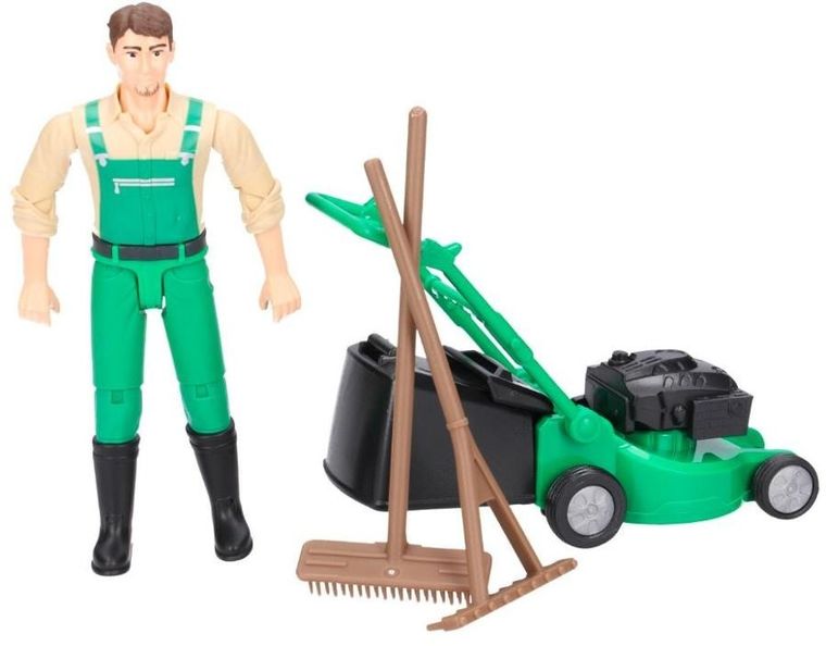 Bruder, figurka ogrodnika z kosiarką i akcesoriami