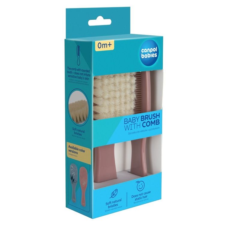 Canpol babies, Gold, szczotka i grzebień z naturalnym włosiem, różowa