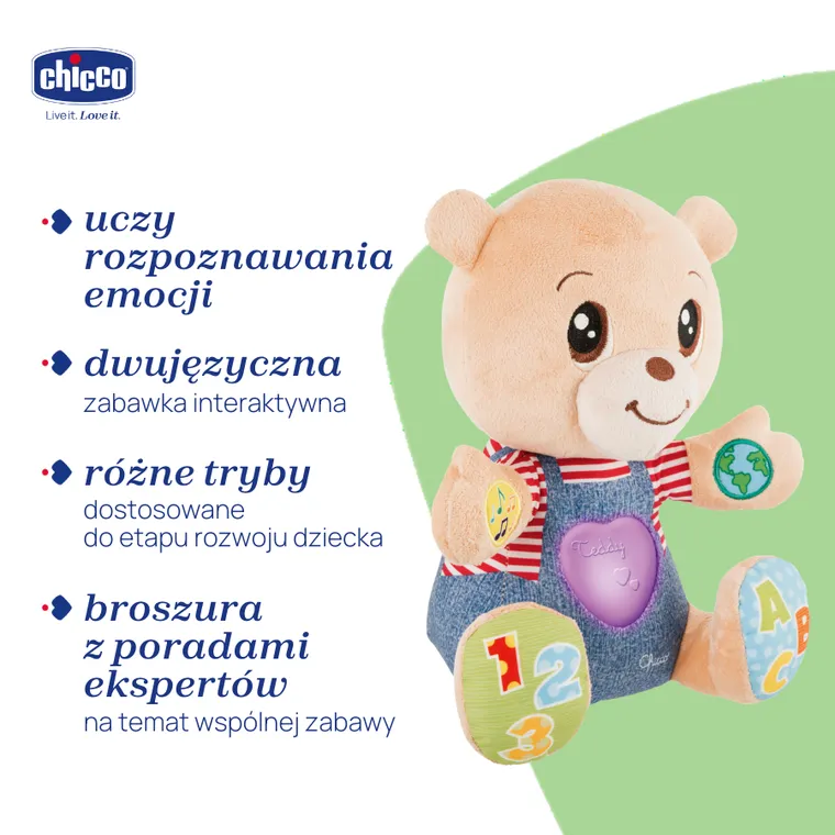 Chicco, Bilingual ABC, Teddy, Miś okazujący uczucia, zabawka edukacyjna, dwujęzyczna, 25 cm