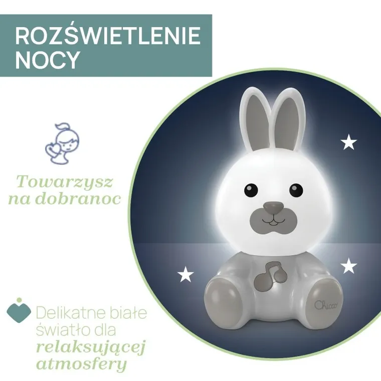 Chicco, First Dreams, Króliczek, lampka nocna, uspokajacz z dźwiękami, beżowa