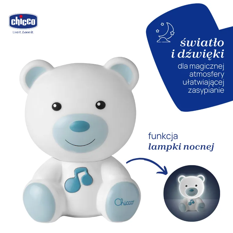 Chicco, First Dreams, lampka nocna Miś, niebieska, uspokajacz z dźwiękami