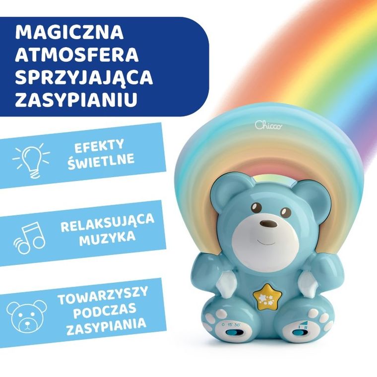 Chicco, First Dreams, Miś Rainbow, projektor z muzyką, uspokajacz, niebieski