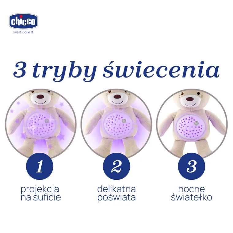 Chicco, First Dreams, Miś z Projektorem, maskotka, uspokajacz z dźwiękami, muzyka klasyczna, beżowy