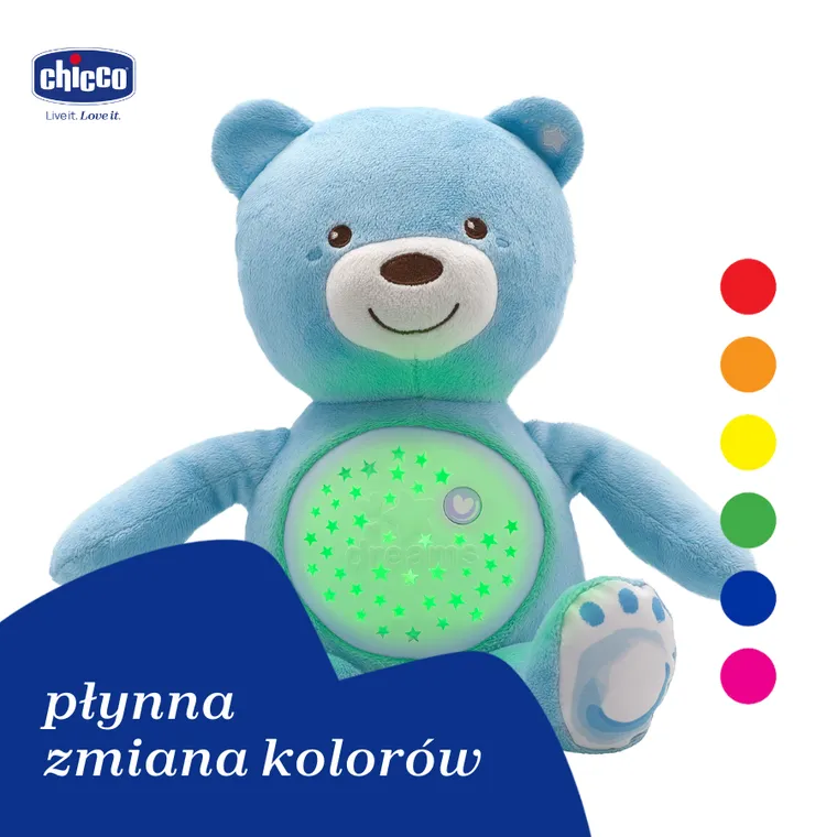 Chicco, First Dreams, Miś z Projektorem, maskotka, uspokajacz z dźwiękami, muzyka klasyczna, niebieski