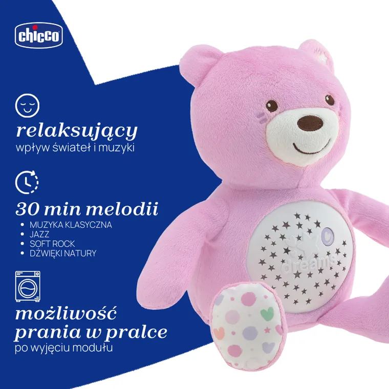 Chicco, First Dreams, Miś z Projektorem, maskotka, uspokajacz z dźwiękami, muzyka klasyczna, różowy