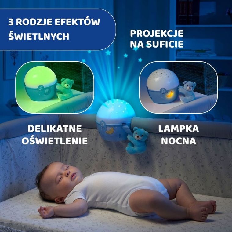 Chicco, First Dreams, Next2stars, projektor na łóżeczko z muzyką klasyczną, uspokajacz, czujnik płaczu, niebieski