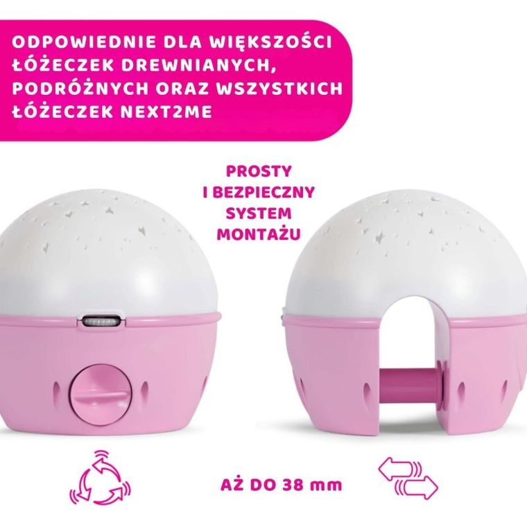 Chicco, First Dreams, Next2stars, projektor na łóżeczko z muzyką klasyczną, uspokajacz, czujnik płaczu, różowy
