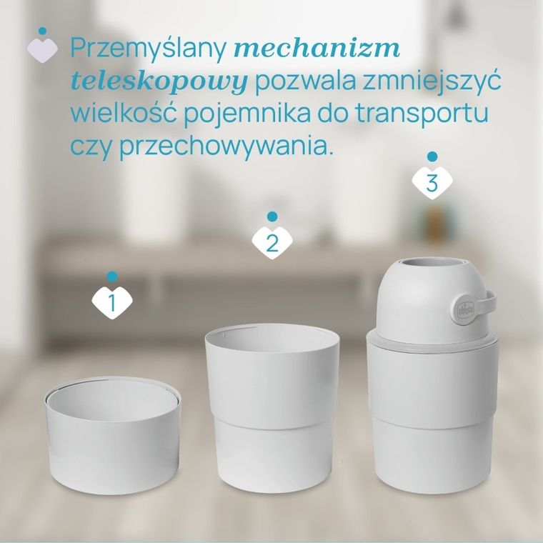 Chicco, kosz na pieluchy, teleskopowy, szary + worki