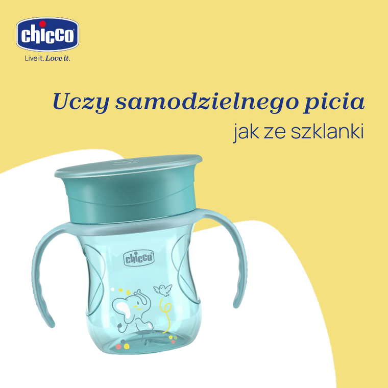 Chicco, kubek treningowy 360° do nauki samodzielnego picia, turkusowy, 12m+, 200 ml