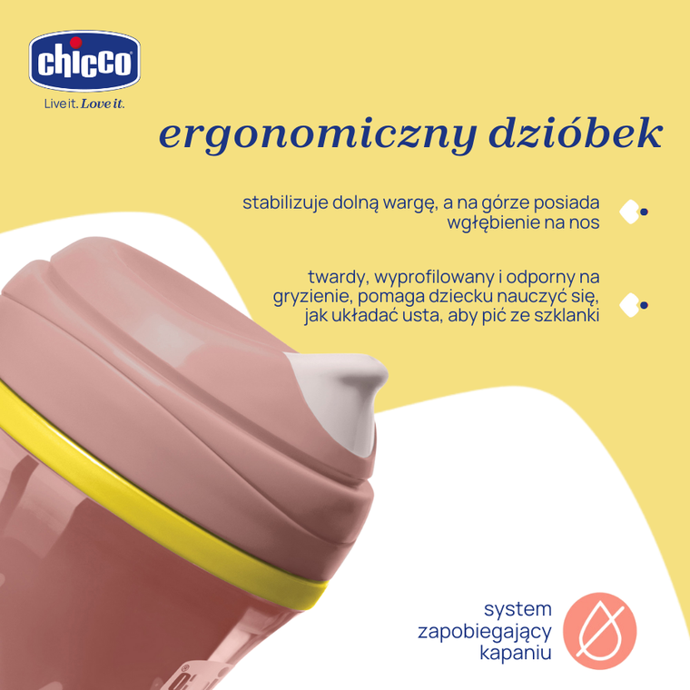 Chicco, kubek treningowy, niekapek, termiczny z twardym ustnikiem, brzoskwiniowy, 14m+, 266 ml