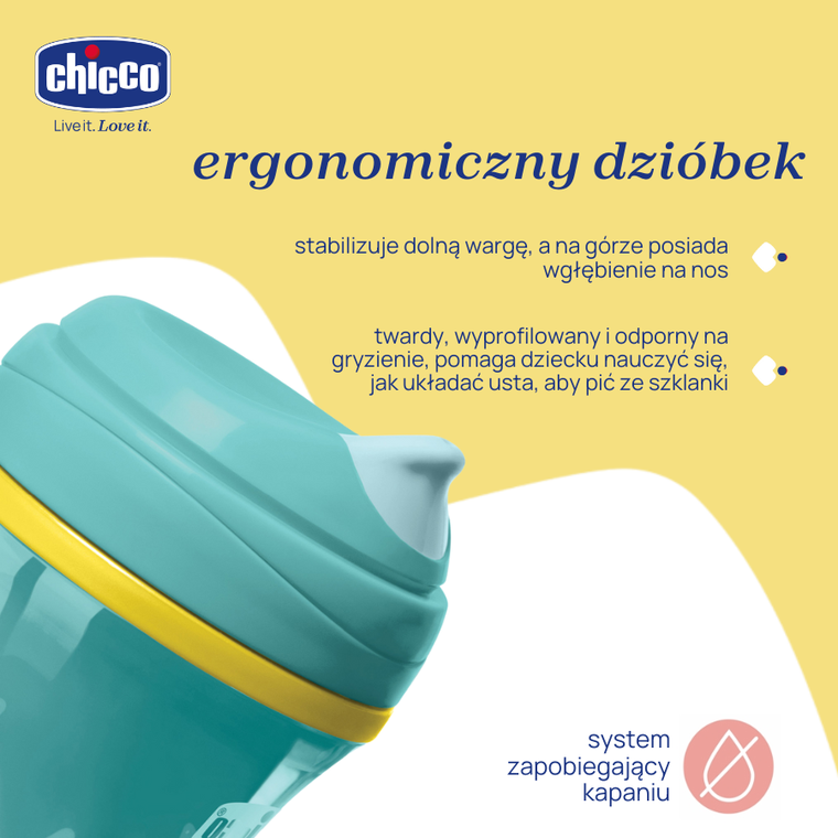 Chicco, kubek treningowy, niekapek, termiczny z twardym ustnikiem, turkusowy, 14m+, 266 ml