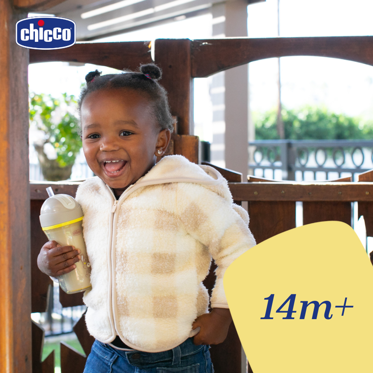 Chicco, kubek treningowy, niekapek, termiczny ze słomką, szary, 14m+, 266 ml