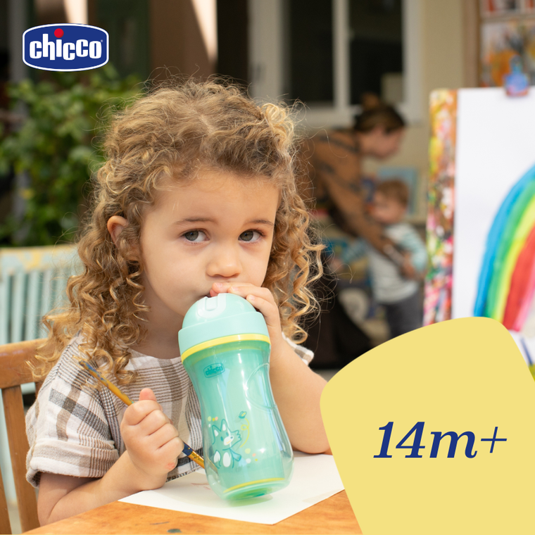 Chicco, kubek treningowy, niekapek, termiczny ze słomką, turkusowy, 14m+, 266 ml