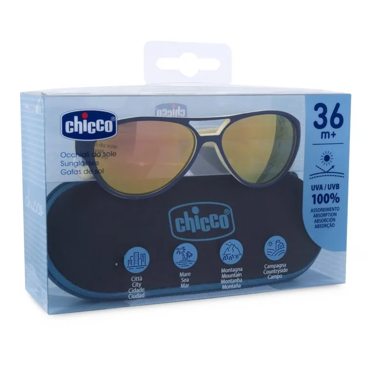 Chicco, okulary przeciwsłoneczne z etui, lustrzane, niebieskie, 36m+