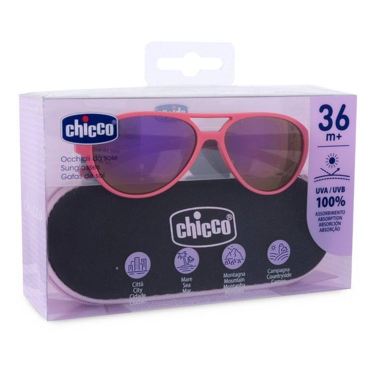 Chicco, okulary przeciwsłoneczne z etui, lustrzane, różowe, 36m+