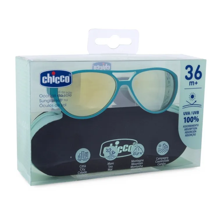Chicco, okulary przeciwsłoneczne z etui, lustrzane, zielone, 36m+