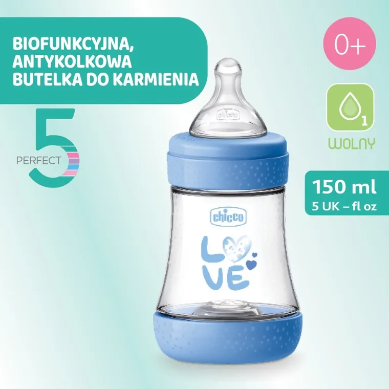 Chicco, Perfect5, butelka antykolkowa, blue, 0m+, 150 ml
