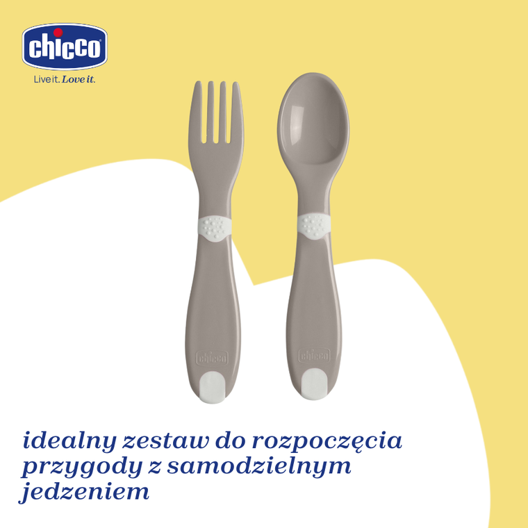 Chicco, pierwsze sztućce plastikowe, szare, 12m+