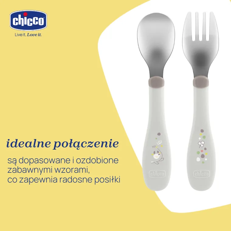 Chicco, sztućce metalowe, szare, 18m+