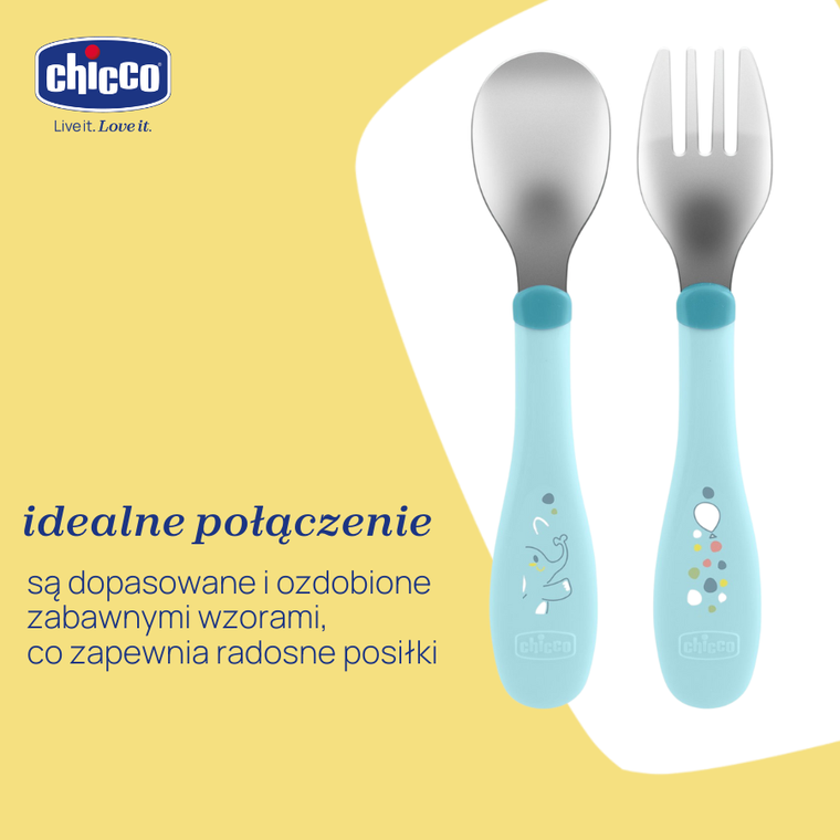Chicco, sztućce metalowe, turkusowe, 18m+