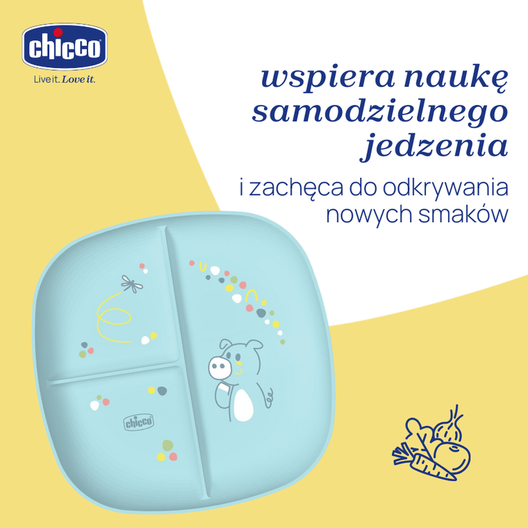 Chicco, talerz 3-dzielny, niebieski, 12m+