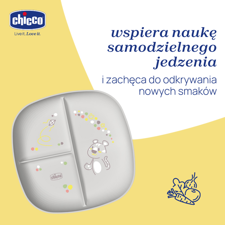 Chicco, talerz 3-dzielny, szary, 12m+