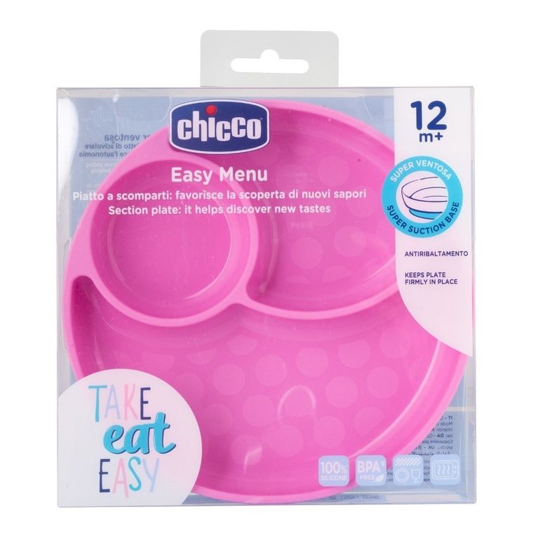 Chicco, talerz silikonowy z przyssawką, trójdzielny, różowy, 12m+