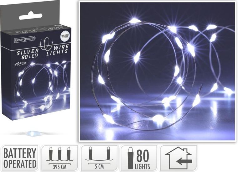 Christmas Decoration, lampki druciki na baterie, girlanda 80 led, zimny biały