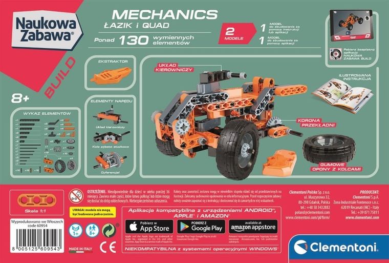 Clementoni, Naukowa Zabawa, Technologic, Laboratorium Mechaniki, Łazik i quad, zestaw edukacyjny, zestaw konstrukcyjny, 130 elementów