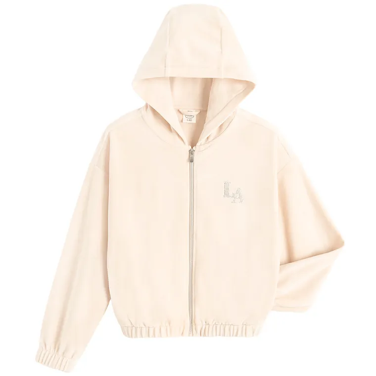 Cool Club, Bluza dziewczęca z kapturem, rozpinana, welurowa, beżowa