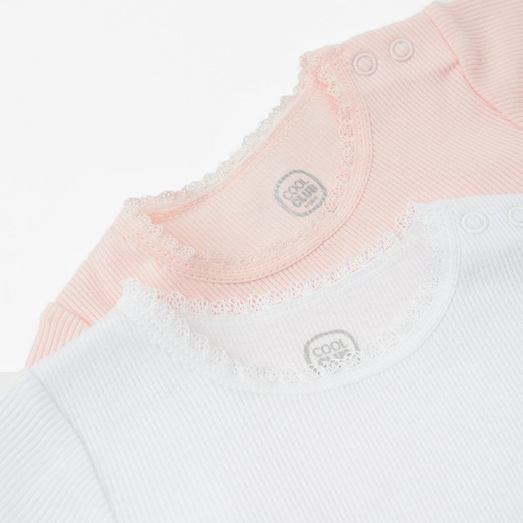 Cool Club, Body dziewczęce z krótkim rękawem, prążkowane, białe, różowe, zestaw, 2 szt.