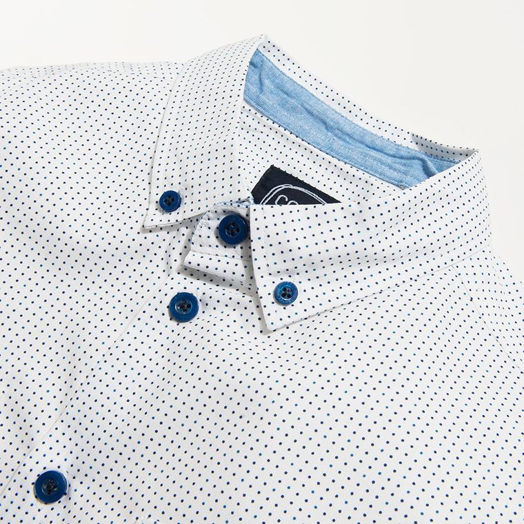 Cool Club, Koszula chłopięca z długim rękawem, biała, granatowe kropki