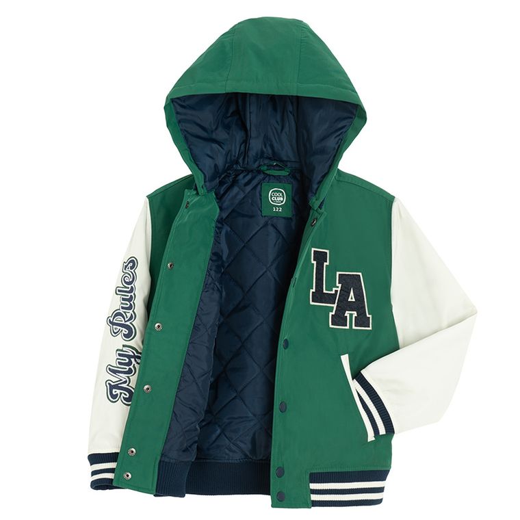 Cool Club, Kurtka bejsbolówka chłopięca z kapturem, oversize, zielona