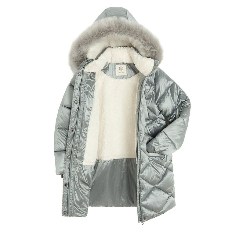 Cool Club, Płaszcz dziewczęcy z kapturem, ocieplany, srebrny