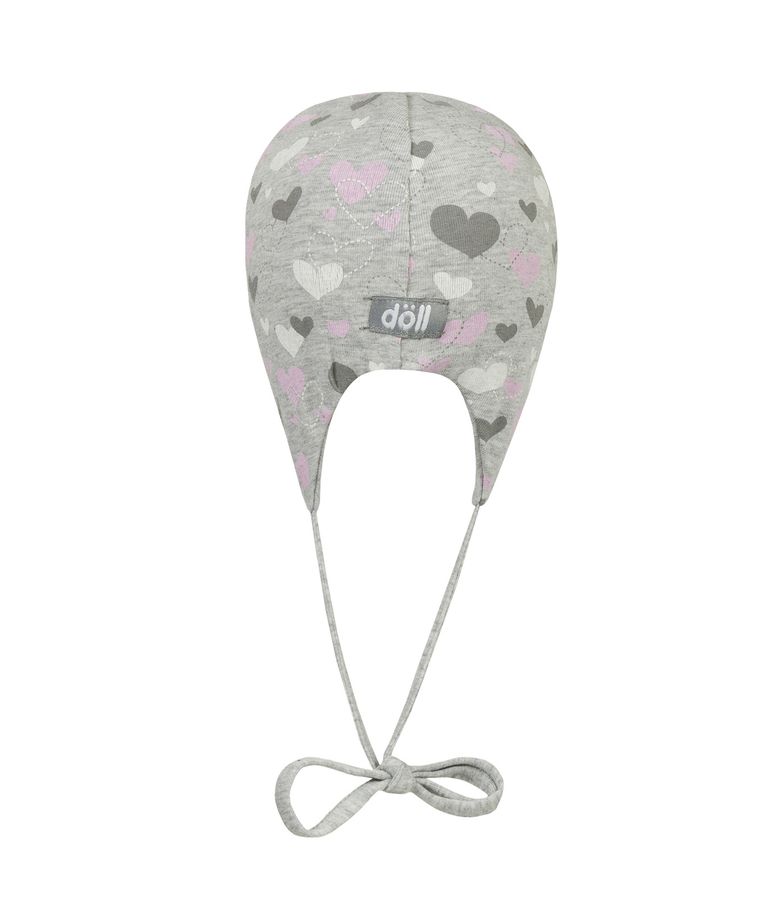Czapka dziewczęca, wiązana, dwustronna, szara, serca, Döll