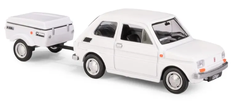 Daffi, Niewiadów, Fiat 126p z krótką przyczepką, pojazd, model metalowy, 1:43, biały