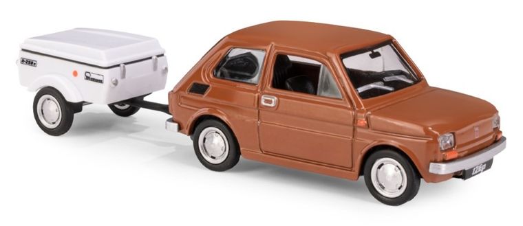 Daffi, Niewiadów, Fiat 126p z krótką przyczepką, pojazd, model metalowy, 1:43, brązowy