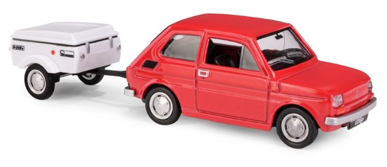 Daffi, Niewiadów, Fiat 126p z krótką przyczepką, pojazd, model metalowy, 1:43, czerwony
