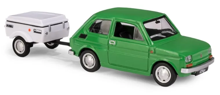 Daffi, Niewiadów, Fiat 126p z krótką przyczepką, pojazd, model metalowy, 1:43, zielony