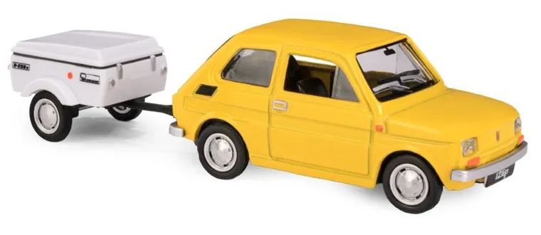 Daffi, Niewiadów, Fiat 126p z krótką przyczepką, pojazd, model metalowy, 1:43, żółty