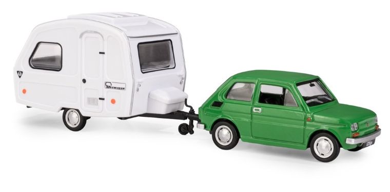 Daffi, Niewiadów, Fiat 126p z przyczepą kempingową, pojazd, model metalowy, zielony, 1:43