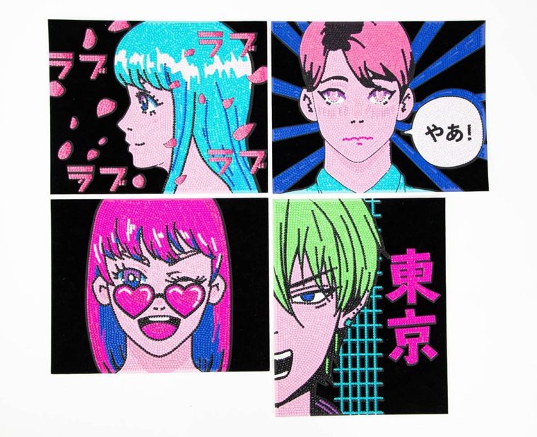 Diamond Dotz, diamentowa mozaika, flokowana, Neon Anime, 4 obrazki