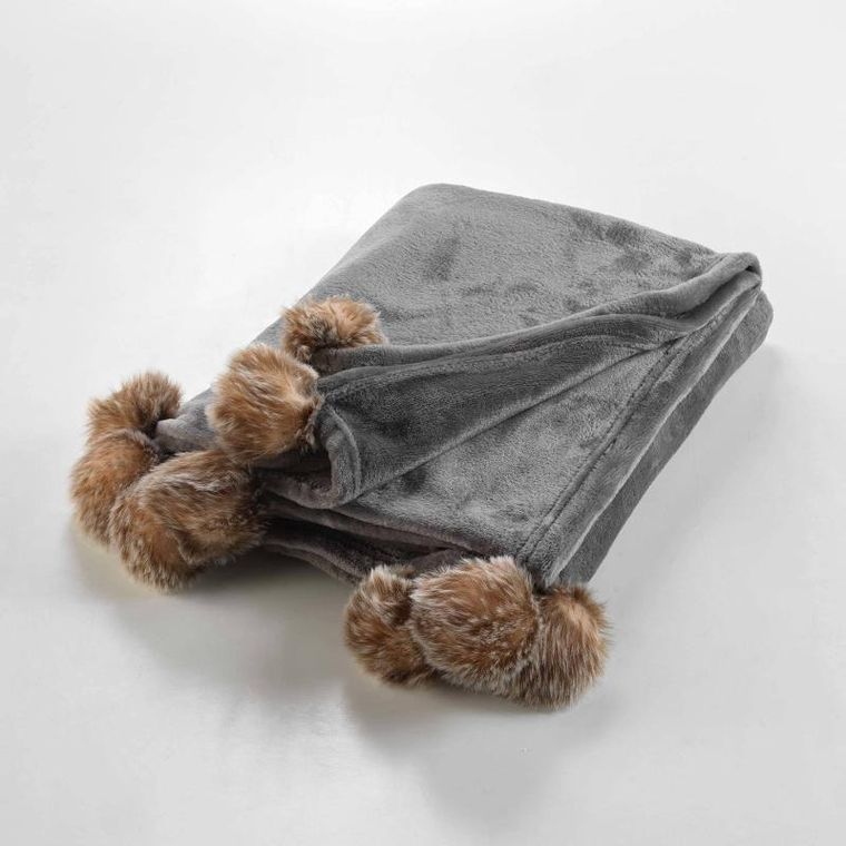 Douceur d'intérieur, miękki koc futrzak, Snowy, z pomponami, 125-150 cm