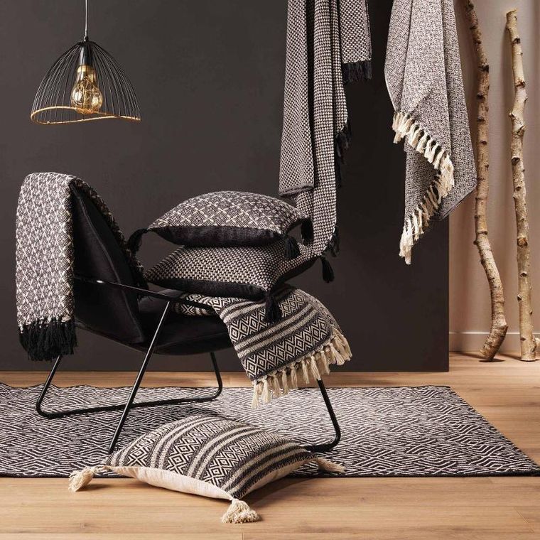 Douceur d'intérieur, poduszka dekoracyjna do salonu, Janna, z frędzlami, bawełniana, 40-40 cm