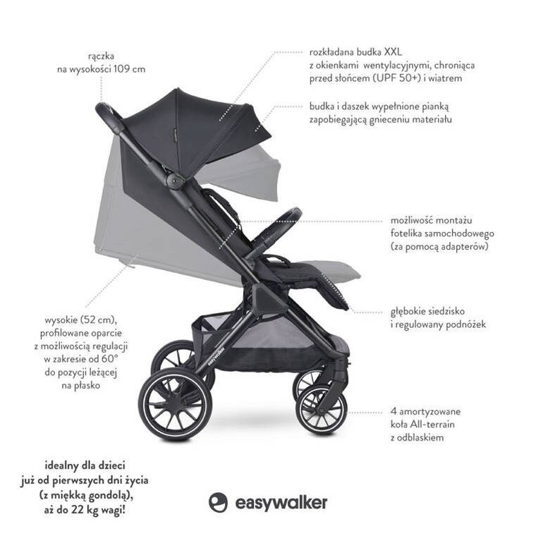 Easywalker, Jackey2 XL, przestronny, samoskładający się wózek spacerowy z kołami XL, Midnight Black
