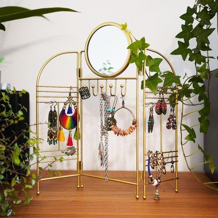 Eleganza, wieszak na biżuterię z lusterkiem, metalowy, składany, złoty