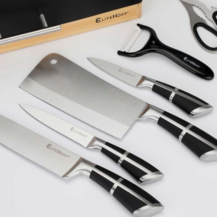 Elitehoff, zestaw noży kuchennych w stojaku z ostrzałką i nożycami, 9 elementów