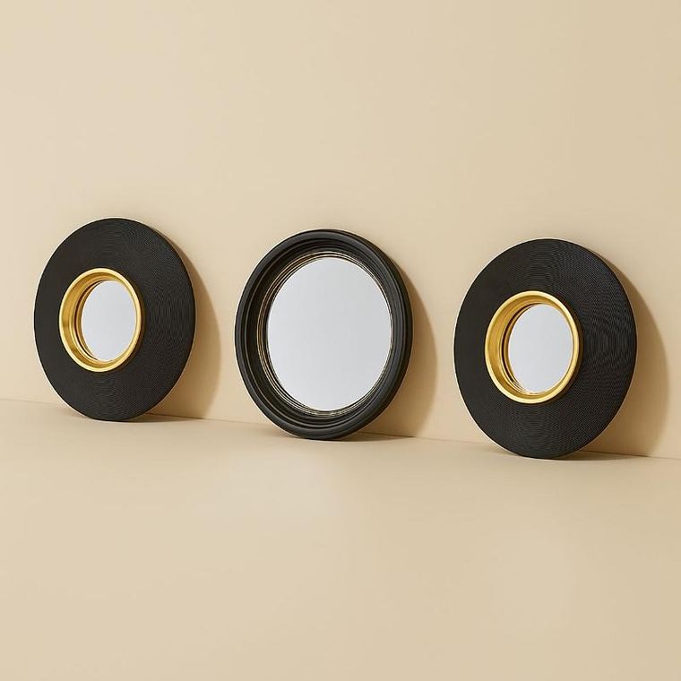 Emako, Dem, zestaw okrągłych luster w czarnych ramach, 25,5 cm, 3 szt.