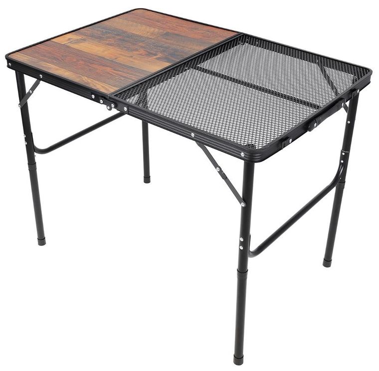 Enero camp, stolik turystyczny składany kempingowy, siatka stalowa drewno, 90-60-36-68 cm