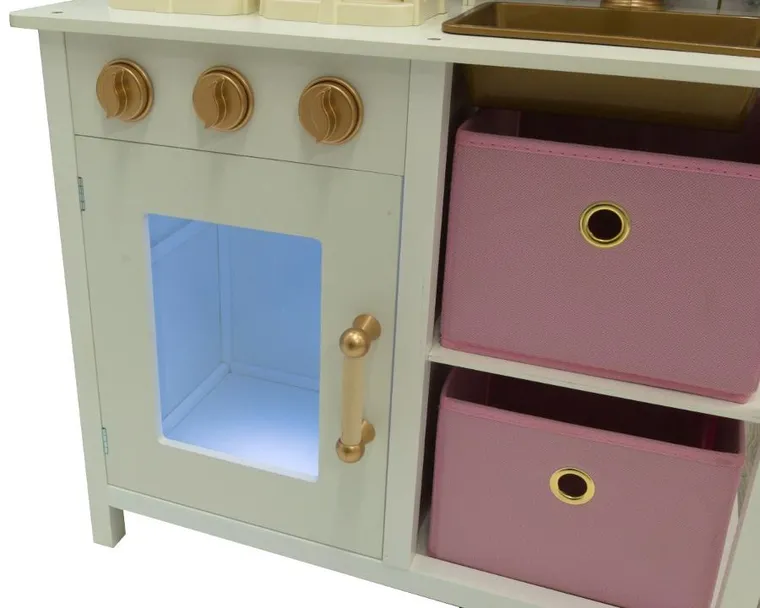 Enero Toys, kuchnia drewniana, lampka LED, biało-różowa, 60-30-88.5 cm